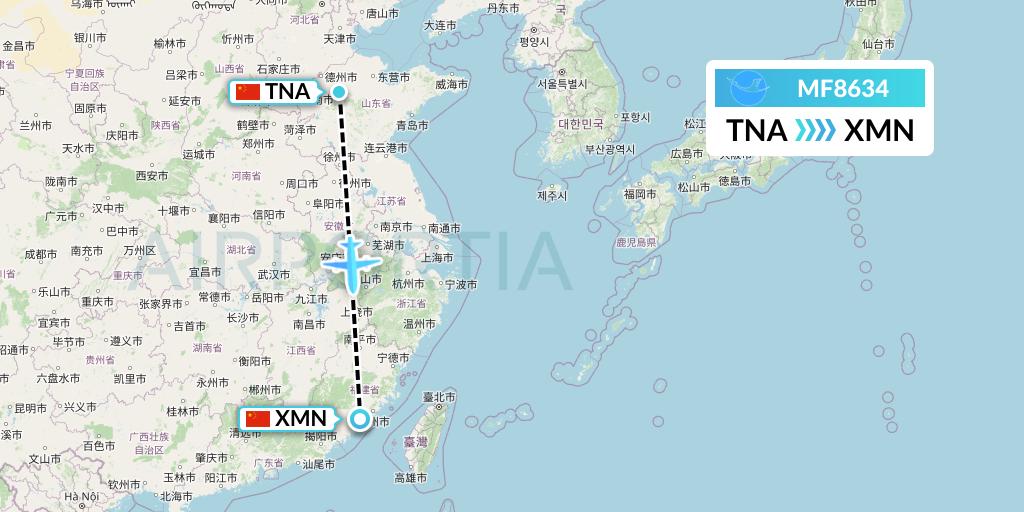 MF8634 Xiamen Airlines Flight Map: Jinan to Xiamen