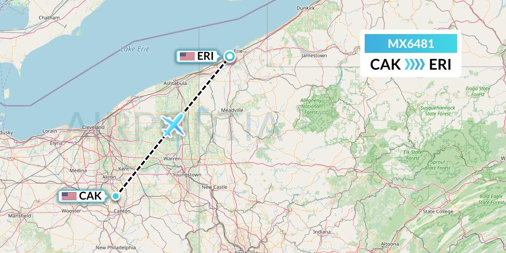 MX6481 Breeze Airways Flight Map: Akron to Erie