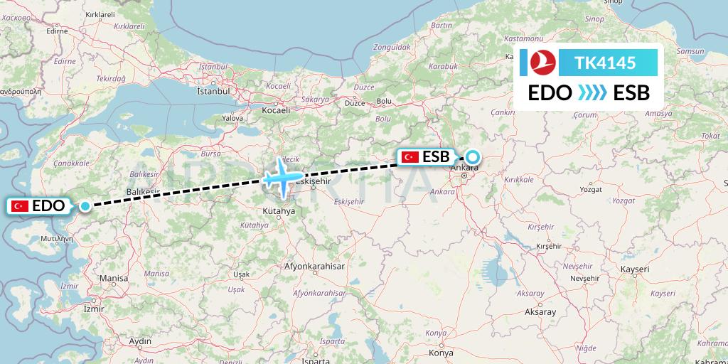 TK4145 Turkish Airlines Flight Map: Edremit to Ankara
