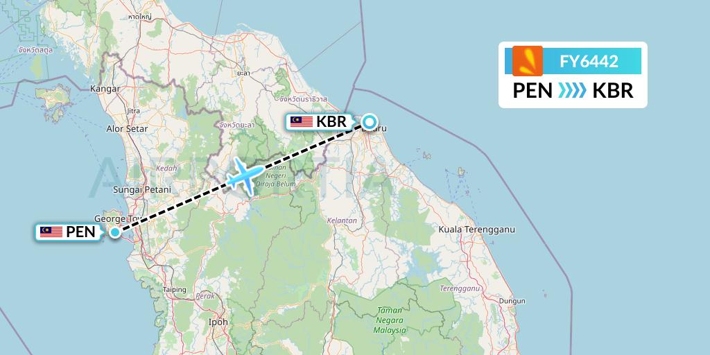 FY6442 Firefly Flight Map: Penang to Kota Bharu