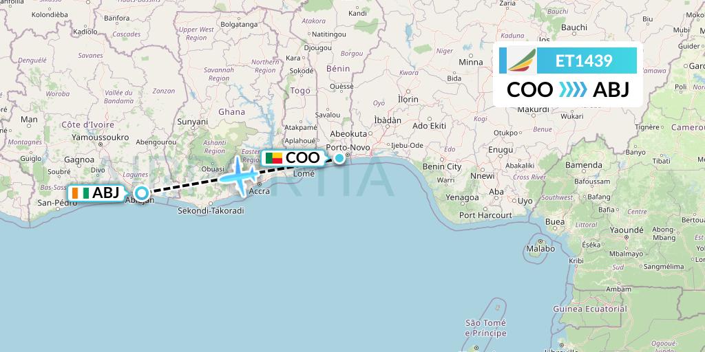 ET1439 Ethiopian Airlines Flight Map: Cotonou to Abidjan