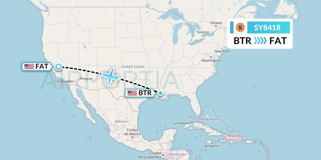 SY8418 Sun Country Airlines Flight Map: Baton Rouge to Fresno
