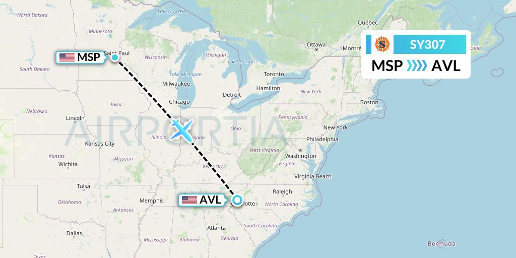 SY307 Sun Country Airlines Flight Map: Minneapolis to Asheville