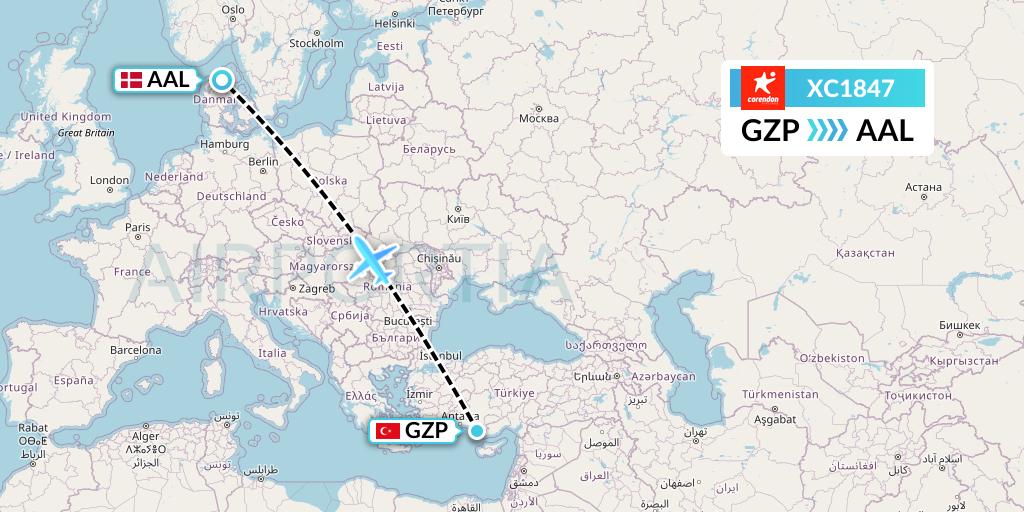 XC1847 Corendon Airlines Flight Map: Gazipasa to Aalborg
