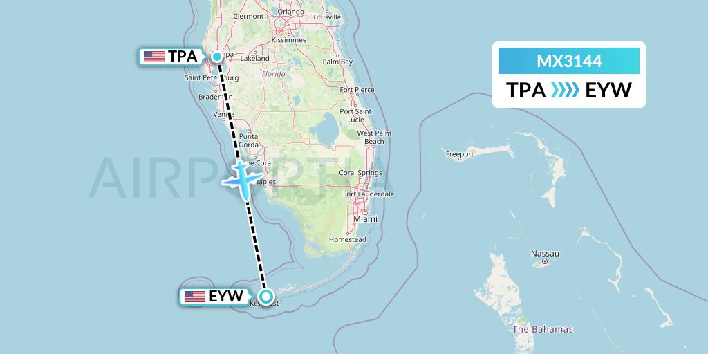 MX3144 Breeze Airways Flight Map: Tampa to Key West