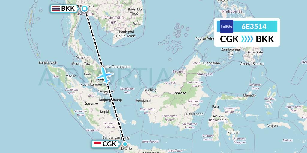 6E3514 IndiGo Airlines Flight Map: Jakarta to Bangkok