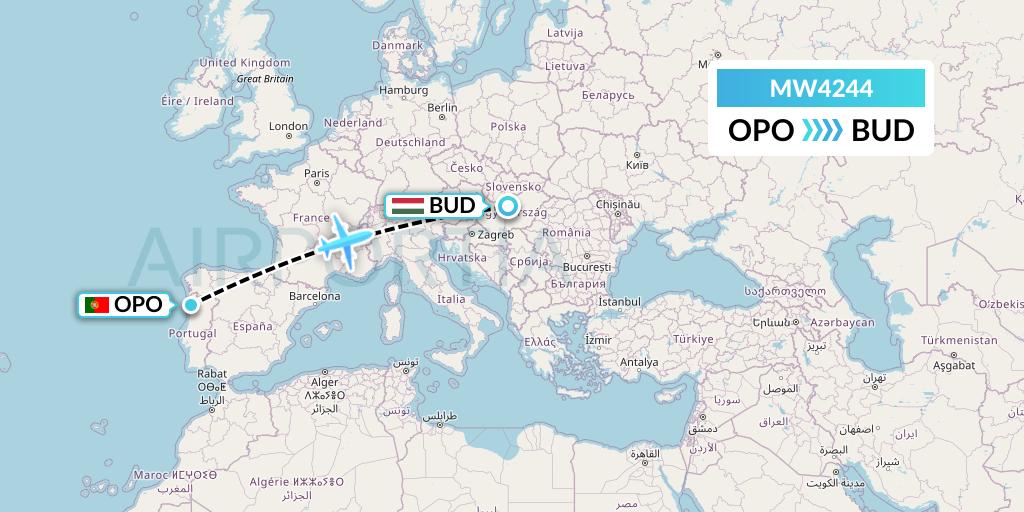 MW4244 Mokulele Flight Service Flight Map: Porto to Budapest