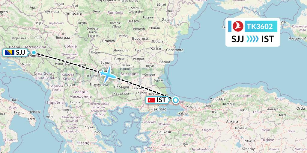 TK3602 Turkish Airlines Flight Map: Sarajevo to Istanbul