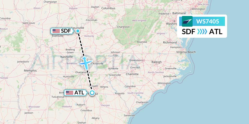 WS7405 WestJet Flight Map: Louisville to Atlanta