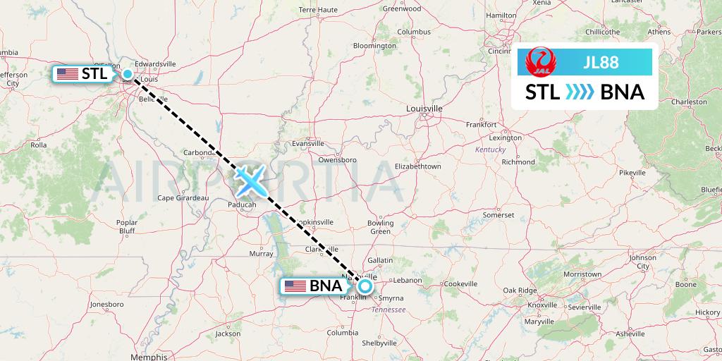 JL88 Japan Airlines Flight Map: St. Louis to Nashville