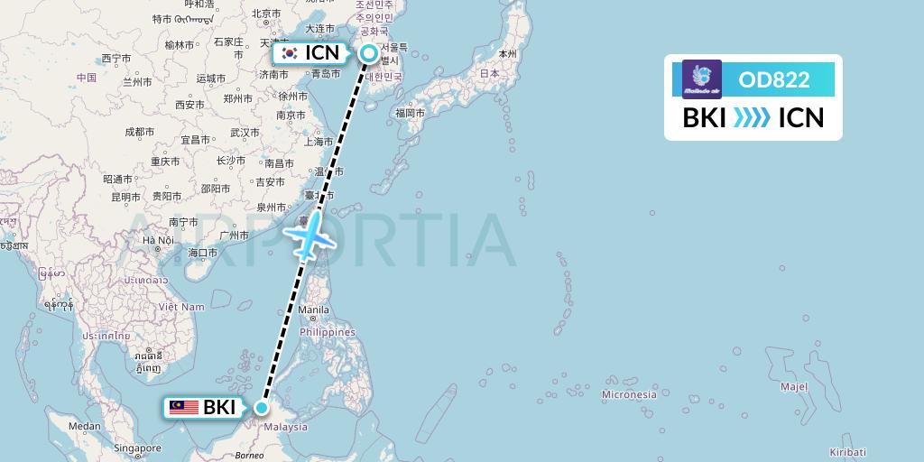 OD822 Batik Air Malaysia Flight Map: Kota Kinabalu to Seoul