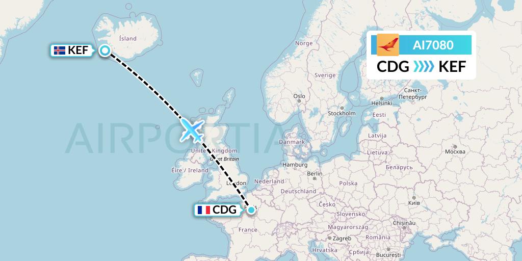 AI7080 Air India Flight Map: Paris to Reykjavik