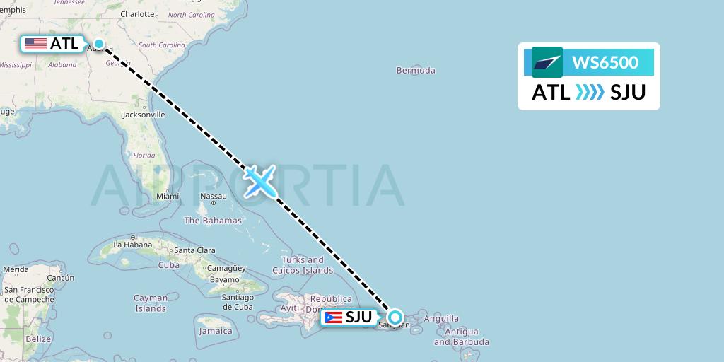 WS6500 WestJet Flight Map: Atlanta to San Juan