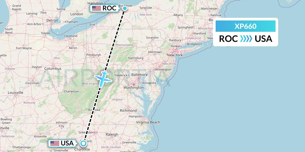 XP660 Avelo Airlines Flight Map: Rochester to Concord