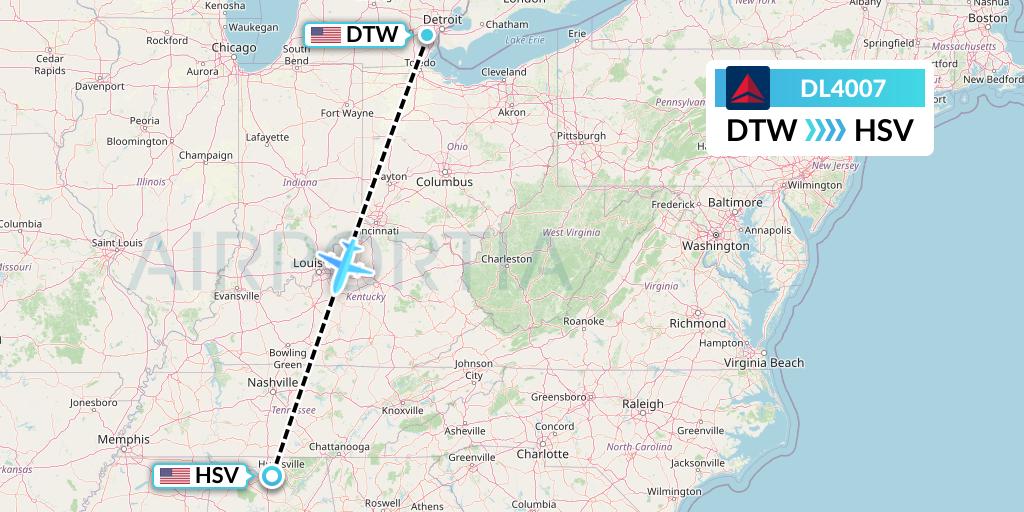 DL4007 Delta Air Lines Flight Map: Detroit to Huntsville