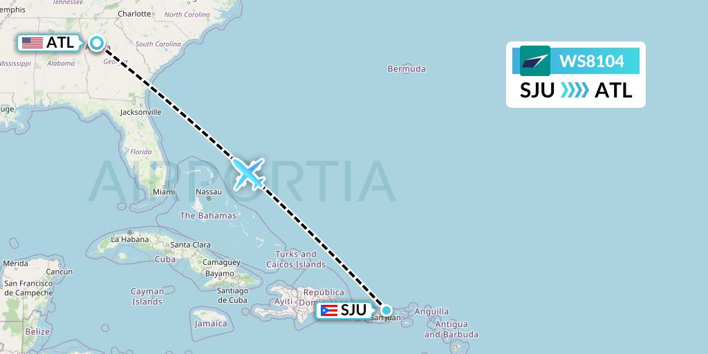 WS8104 WestJet Flight Map: San Juan to Atlanta