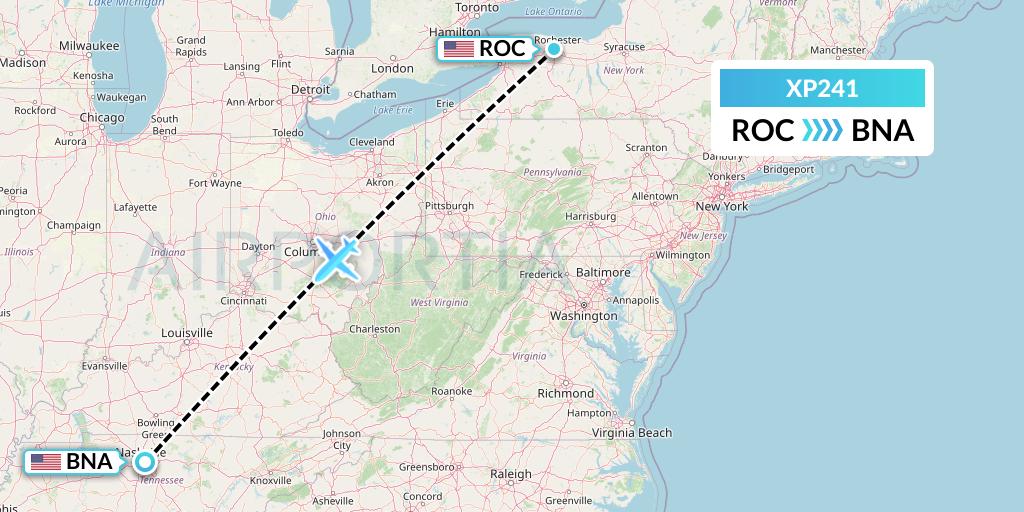 XP241 Avelo Airlines Flight Map: Rochester to Nashville