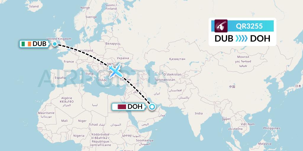 QR3255 Qatar Airways Flight Map: Dublin to Doha