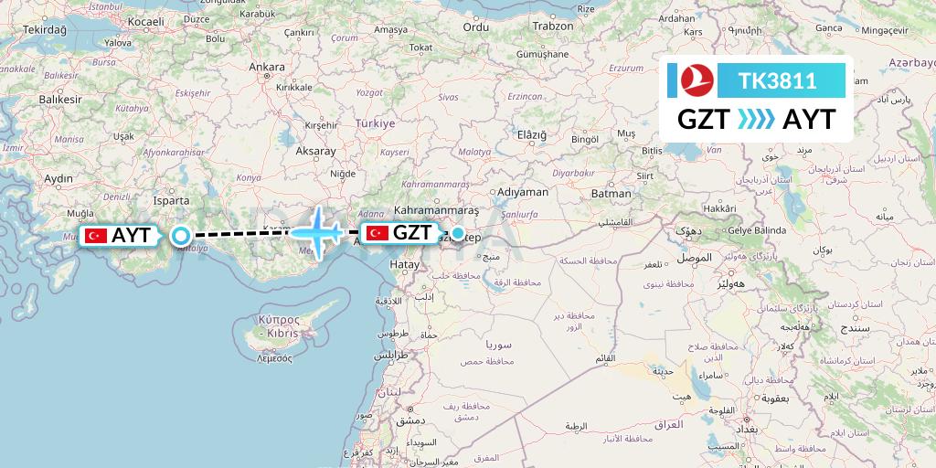 TK3811 Turkish Airlines Flight Map: Gaziantep to Antalya