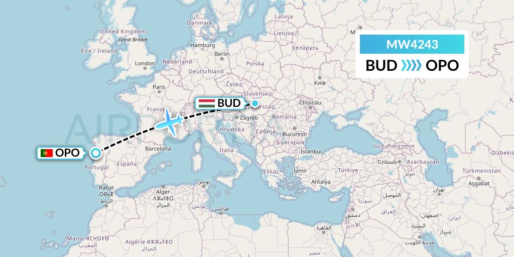 MW4243 Mokulele Flight Service Flight Map: Budapest to Porto