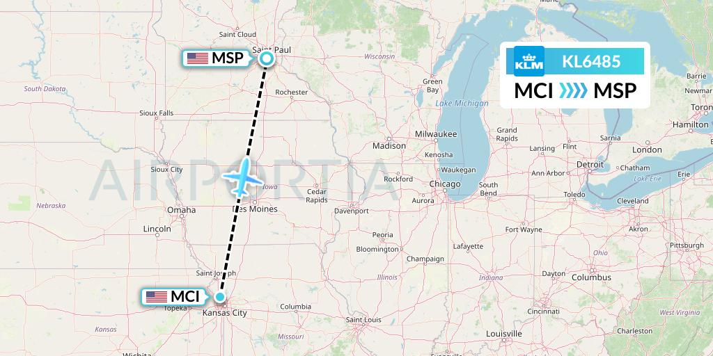 KL6485 KLM Flight Map: Kansas City to Minneapolis