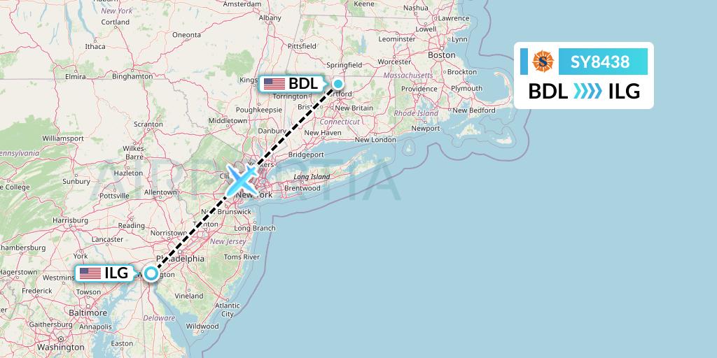 SY8438 Sun Country Airlines Flight Map: Windsor Locks to Wilmington