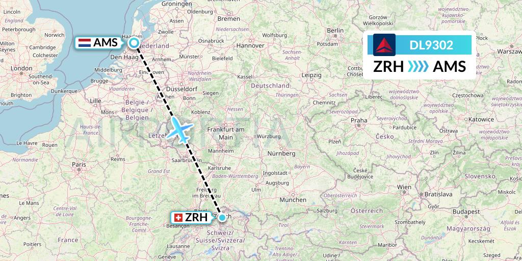 DL9302 Delta Air Lines Flight Map: Zurich to Amsterdam