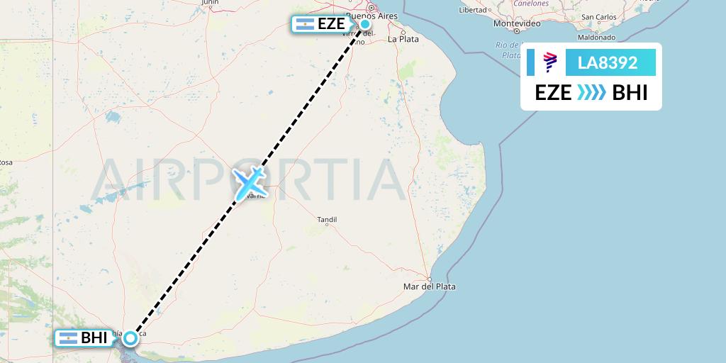 LA8392 LAN Airlines Flight Map: Buenos Aires to Bahia Blanca