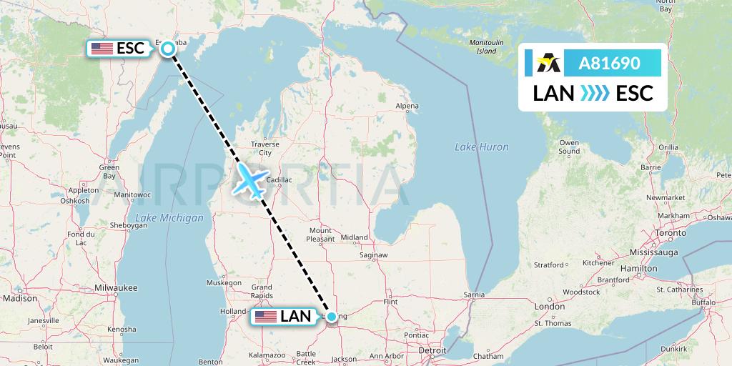 A81690 Aerolink Uganda Flight Map: Lansing to Escanaba