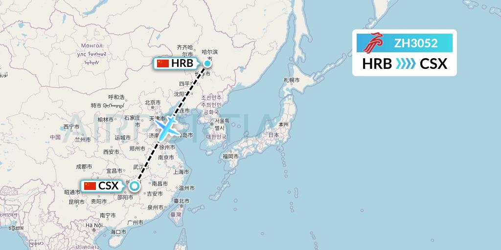ZH3052 Shenzhen Airlines Flight Map: Harbin to Changsha