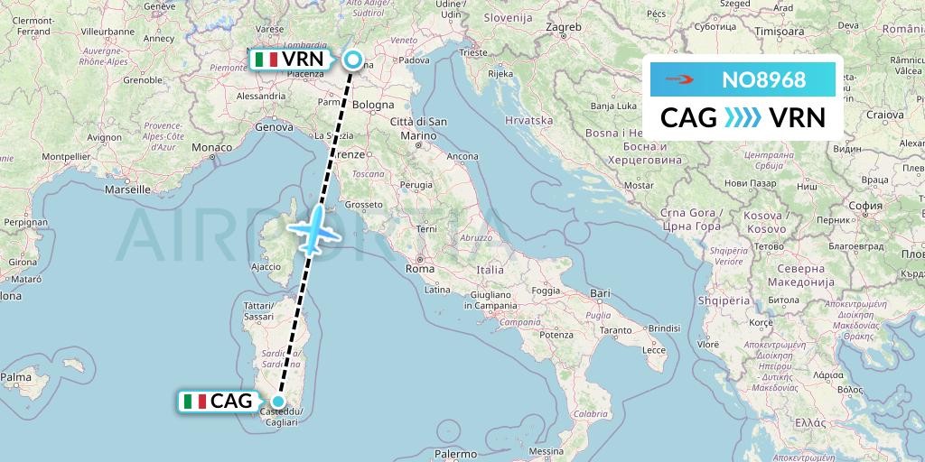 NO8968 Neos Flight Map: Cagliari to Verona