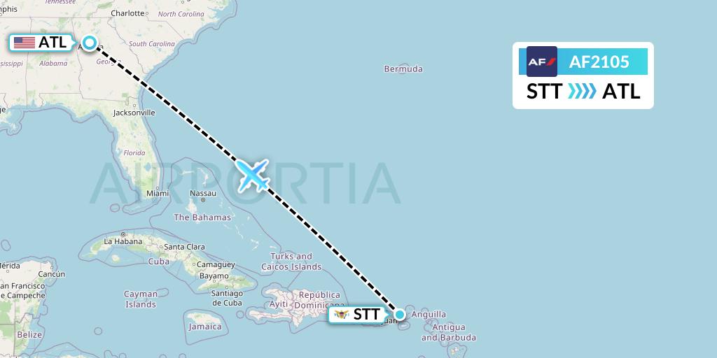 AF2105 Air France Flight Map: St. Thomas to Atlanta