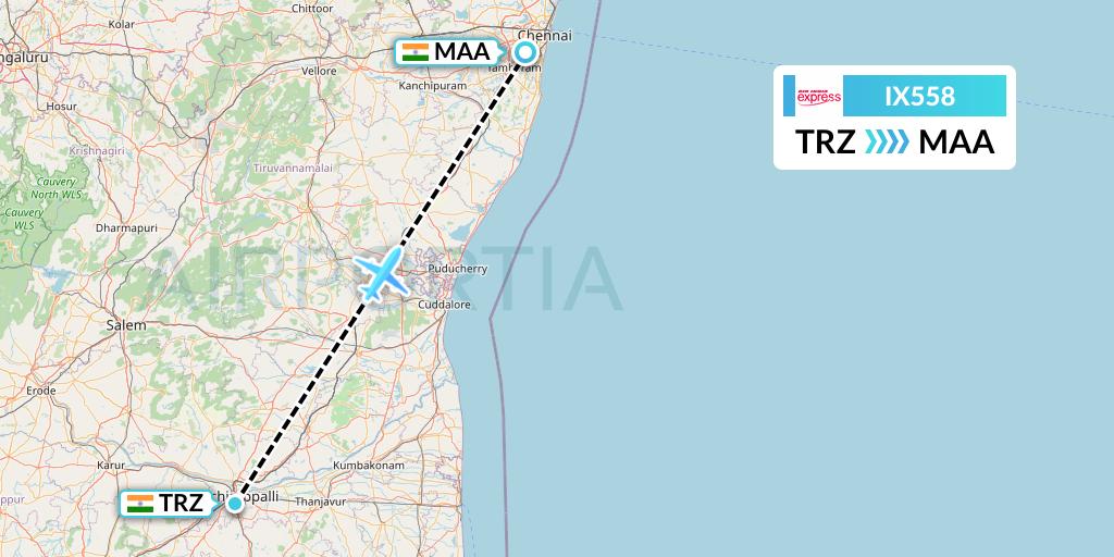 IX558 Air India Express Flight Map: Tiruchirapalli to Chennai