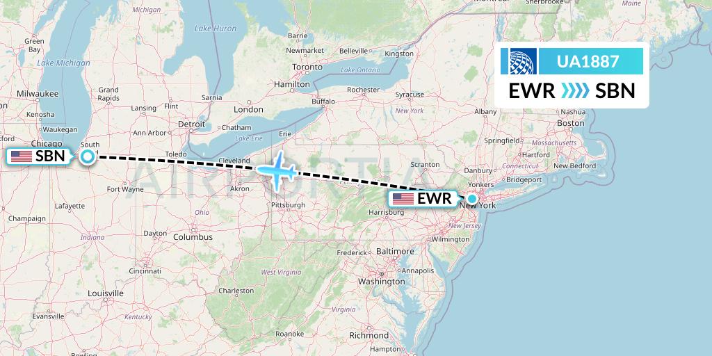 UA1887 United Airlines Flight Map: New York to South Bend