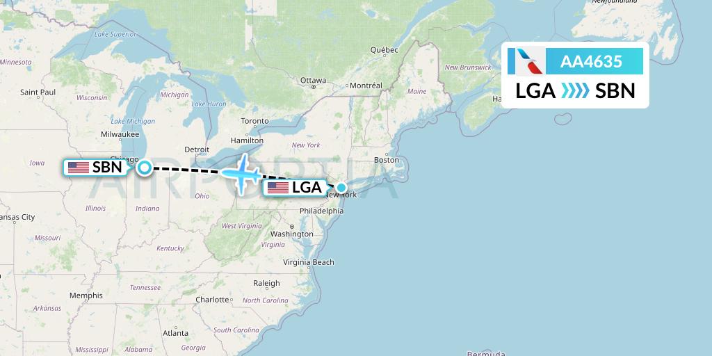 AA4635 American Airlines Flight Map: New York to South Bend