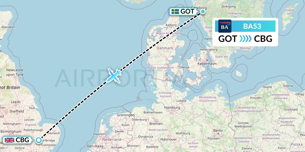 BA53 British Airways Flight Map: Gothenburg to Cambridge