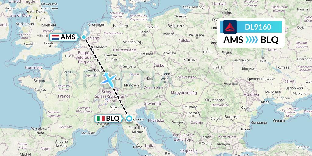 DL9160 Delta Air Lines Flight Map: Amsterdam to Bologna