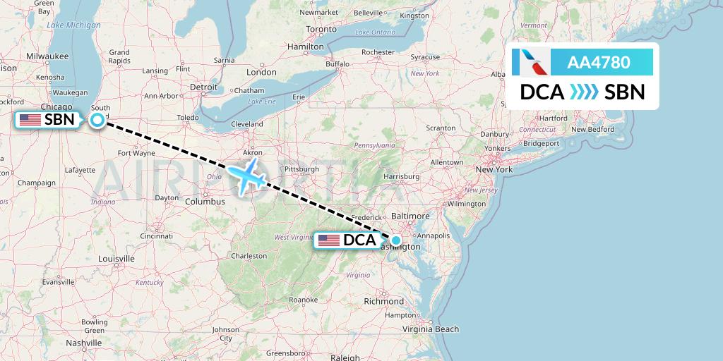 AA4780 American Airlines Flight Map: Washington to South Bend