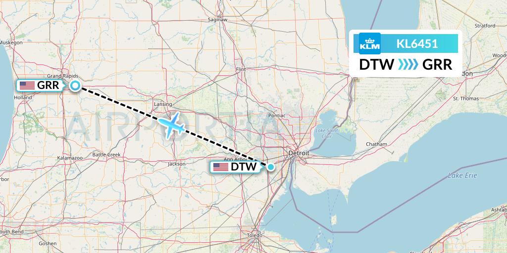 KL6451 KLM Flight Map: Detroit to Grand Rapids