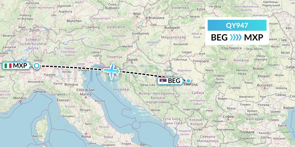 QY947 European Air Transport Flight Map: Belgrade to Milan