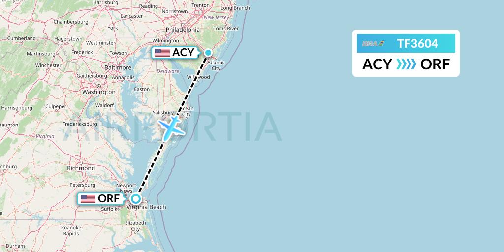 TF3604 Malmo Aviation Flight Map: Atlantic City to Norfolk