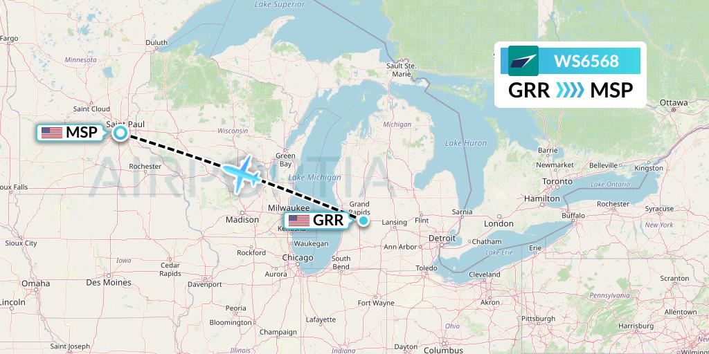 WS6568 WestJet Flight Map: Grand Rapids to Minneapolis