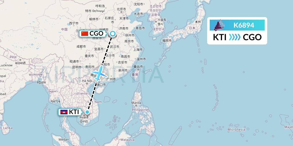 K6894 Cambodia Angkor Air Flight Map: Kratie to Zhengzhou