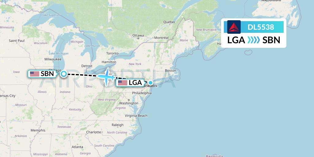 DL5538 Delta Air Lines Flight Map: New York to South Bend