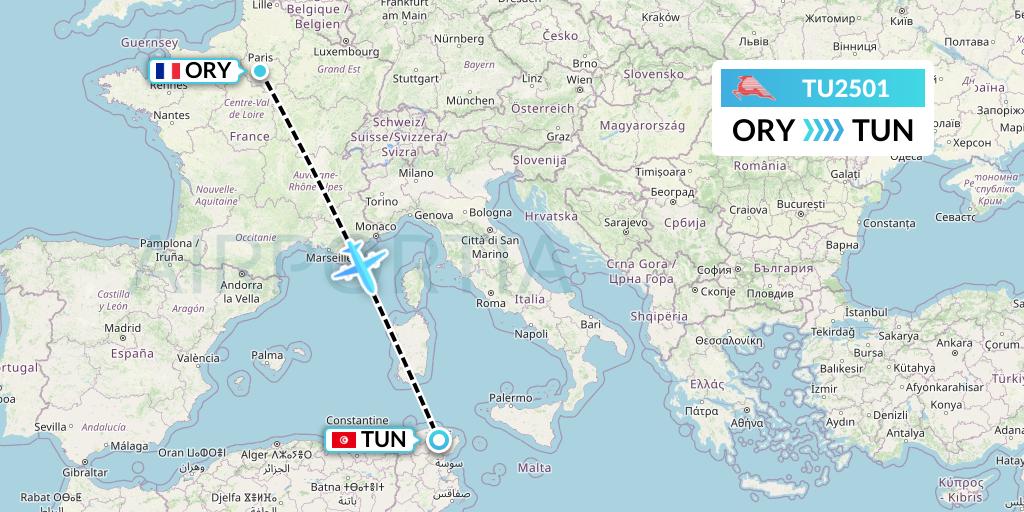TU2501 Tunisair Flight Map: Paris to Tunis