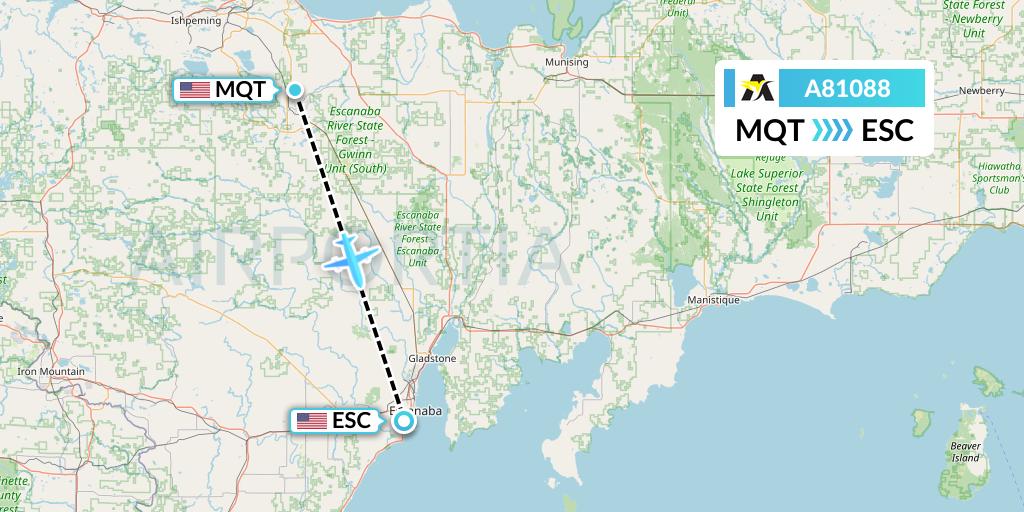A81088 Aerolink Uganda Flight Map: Marquette to Escanaba