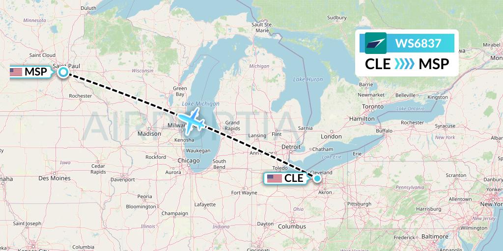 WS6837 WestJet Flight Map: Cleveland to Minneapolis