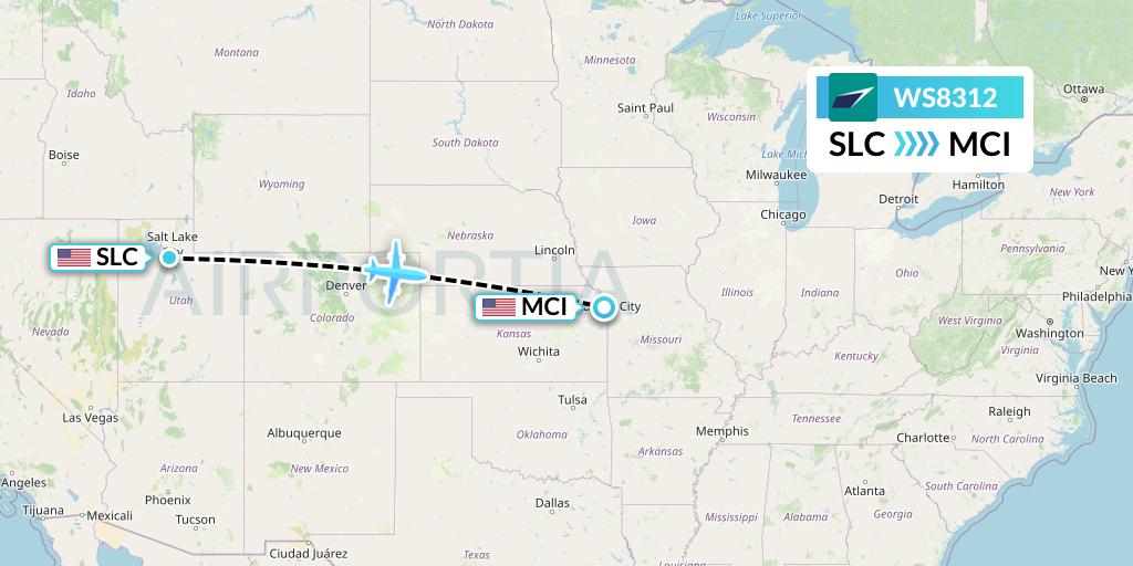 WS8312 WestJet Flight Map: Salt Lake City to Kansas City