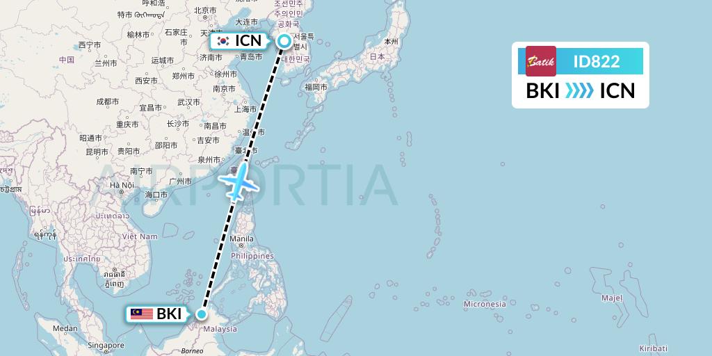 ID822 Batik Air Flight Map: Kota Kinabalu to Seoul
