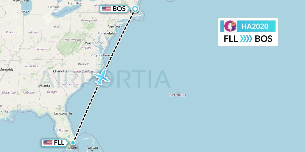 HA2020 Hawaiian Airlines Flight Map: Fort Lauderdale to Boston